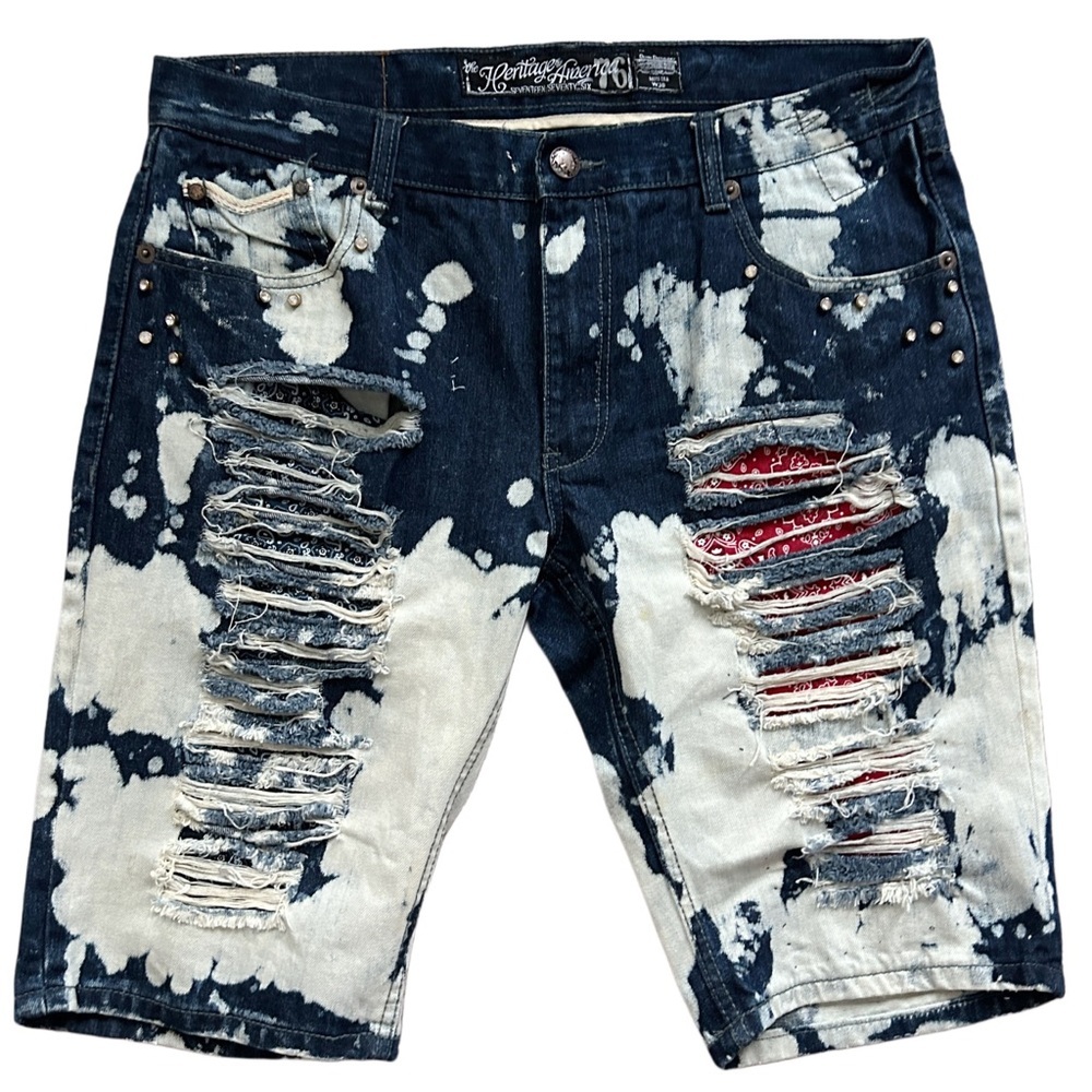 Heritage America 76 Acid Wash Bejeweled Distressed Denim Shorts Size W38